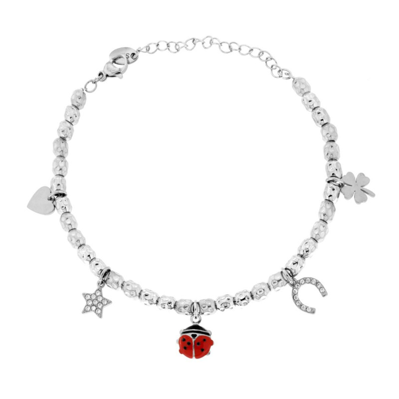 BRACCIALE CATENA CON OVALI MARTELLATI E CHARMS PORTAFORTUNA PENDENTI CON SMALTO ROSSO E CRYSTAL BIANCHI IN ACCIAIO