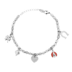 BRACCIALE CATENA CON OVALI MARTELLATI E CHARMS PORTAFORTUNA PENDENTI CON SMALTO ROSSO E CRYSTAL BIANCHI IN ACCIAIO
