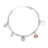 BRACCIALE CATENA CON OVALI MARTELLATI E CHARMS PORTAFORTUNA PENDENTI CON SMALTO ROSSO E CRYSTAL BIANCHI IN ACCIAIO