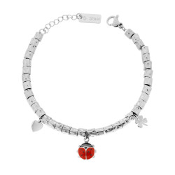 BRACCIALE CATENA CON CILINDRETTI MARTELLATI E CHARMS PORTAFORTUNA PENDENTI E SMALTO ROSSO IN ACCIAIO