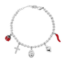 BRACCIALE CATENA CON CILINDRI CONCAVI CON CHARMS PORTAFORTUNA CON CRYSTAL BIANCHI E SMALTO ROSSO IN ACCIAIO
