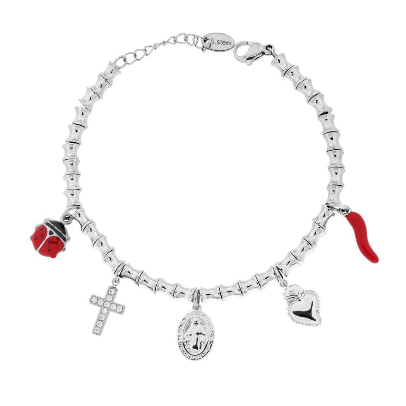 BRACCIALE CATENA CON CILINDRI CONCAVI CON CHARMS PORTAFORTUNA CON CRYSTAL BIANCHI E SMALTO ROSSO IN ACCIAIO