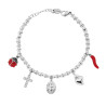 BRACCIALE CATENA CON CILINDRI CONCAVI CON CHARMS PORTAFORTUNA CON CRYSTAL BIANCHI E SMALTO ROSSO IN ACCIAIO