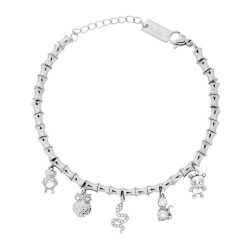 BRACCIALE CATENA CON CILINDRI CONCAVI CON CHARMS ANIMALI CON CRYSTAL BIANCHI IN ACCIAIO