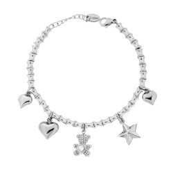 BRACCIALE CATENA CON CILINDRI CONCAVI CON CHARMS CUORE E ORSACCHIOTTO CON CRYSTAL BIANCHI IN ACCIAIO
