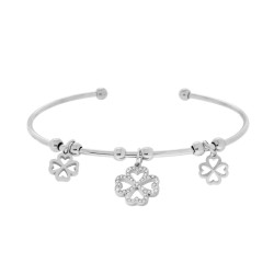 BRACCIALE FILO RIGIDO CON QUADRIFOGLI PENDENTI E CRYSTAL BIANCHI IN ACCIAIO