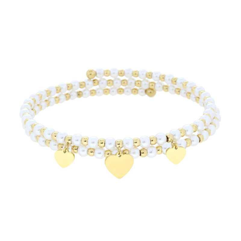 BRACCIALE SEMIRIGIDO CON PERLE PALLINE E CUORI PLAIN PENDENTI IN ACCIAIO COLORE ORO