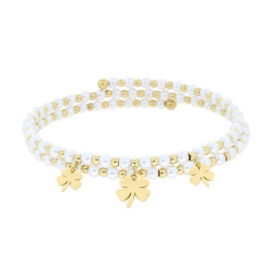 BRACCIALE SEMIRIGIDO CON PERLE PALLINE E QUADRIFOGLI PLAIN PENDENTI IN ACCIAIO COLORE ORO