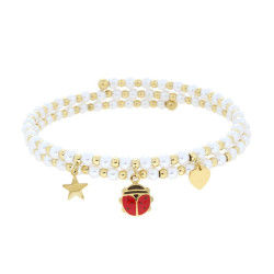 BRACCIALE SEMIRIGIDO CON PERLE PALLINE E STELLA CUORE E COCCINELLA PENDENTI CON SMALTO ROSSO IN ACCIAIO COLORE ORO