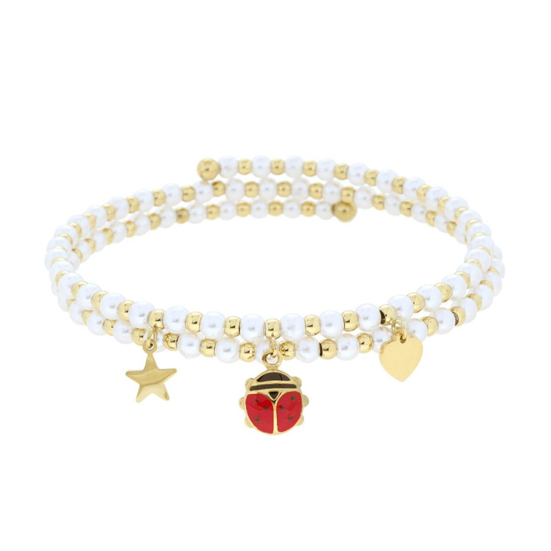 BRACCIALE SEMIRIGIDO CON PERLE PALLINE E STELLA CUORE E COCCINELLA PENDENTI CON SMALTO ROSSO IN ACCIAIO COLORE ORO