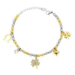 BRACCIALE CATENA CON OVALI COLORE ORO EFFETTO MARTELLATO CON CHARMS PORTAFORTUNA E CRYSTAL BIANCHI IN ACCIAIO
