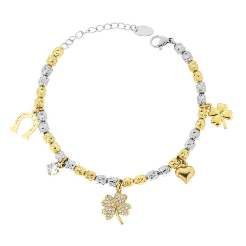 BRACCIALE CATENA CON OVALI COLORE ORO EFFETTO MARTELLATO CON CHARMS PORTAFORTUNA E CRYSTAL BIANCHI IN ACCIAIO