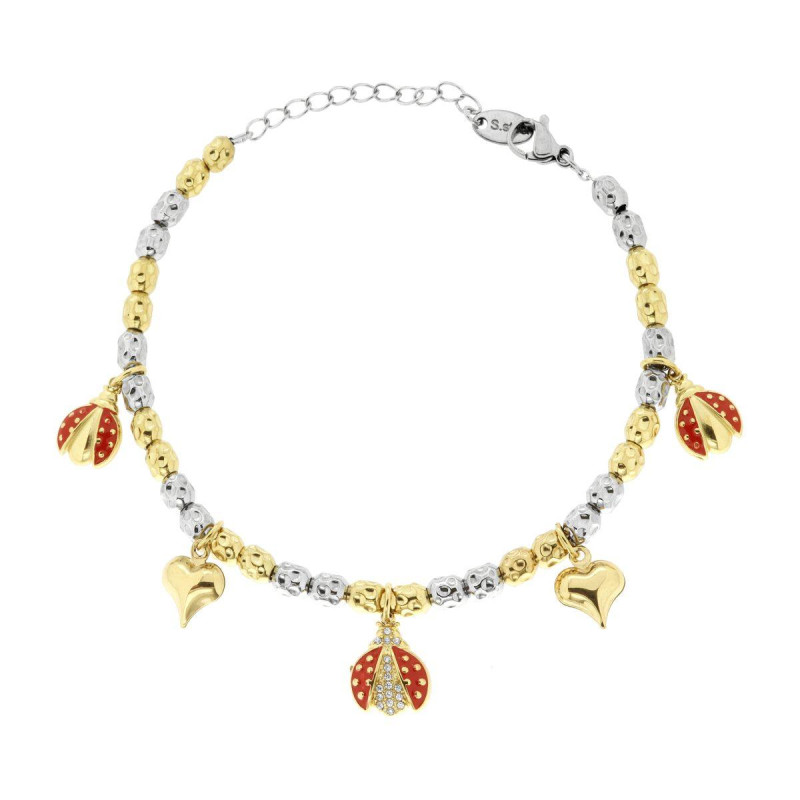 BRACCIALE CATENA CON OVALI MARTELLATI ALTERNATI COLORE ORO E CHARMS PORTAFORTUNA PENDENTI CON SMALTO ROSSO E CRYSTAL BIANCHI IN 