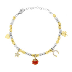 BRACCIALE CATENA CON OVALI MARTELLATI ALTERNATI COLORE ORO E CHARMS PORTAFORTUNA PENDENTI CON SMALTO ROSSO E CRYSTAL BIANCHI IN 