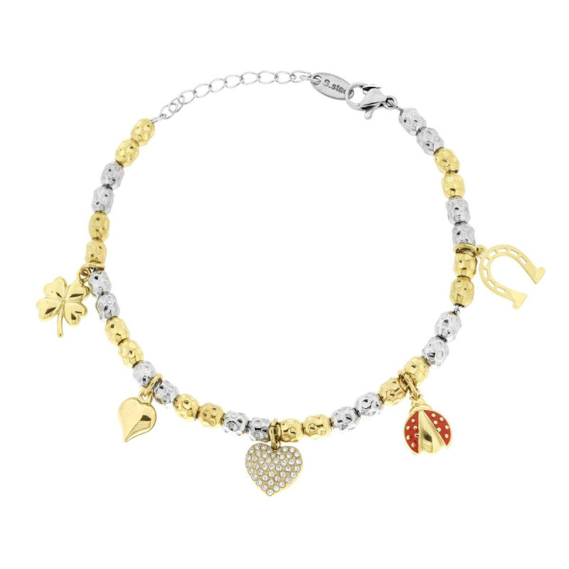 BRACCIALE CATENA CON OVALI MARTELLATI ALTERNATI COLORE ORO E CHARMS PORTAFORTUNA PENDENTI CON SMALTO ROSSO E CRYSTAL BIANCHI IN 
