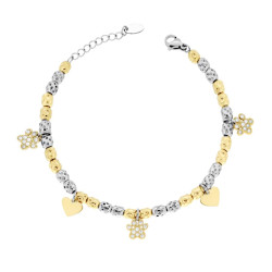 BRACCIALE CATENA CON OVALI COLORE ORO EFFETTO MARTELLATO CON IMPRONTA ZAMPA CUORI E CRYSTAL BIANCHI IN ACCIAIO