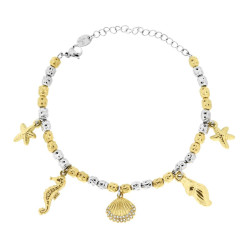 BRACCIALE CATENA CON OVALI COLORE ORO EFFETTO MARTELLATO CON CHARMS MARE E CRYSTAL BIANCHI IN ACCIAIO