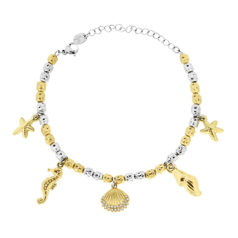 BRACCIALE CATENA CON OVALI COLORE ORO EFFETTO MARTELLATO CON CHARMS MARE E CRYSTAL BIANCHI IN ACCIAIO