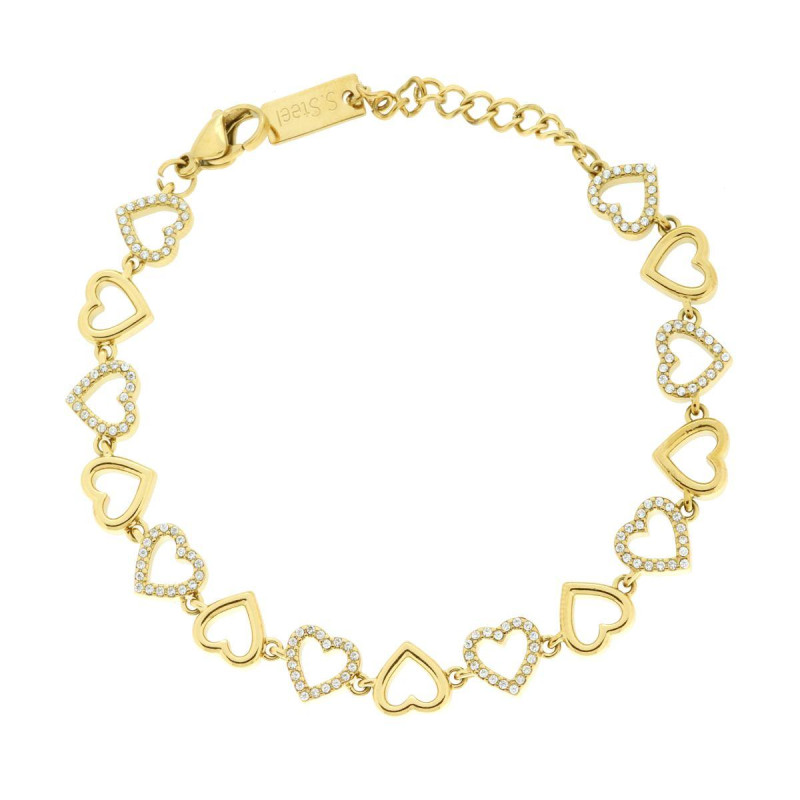 BRACCIALE CATENA CUORI CON CRYSTAL BIANCHI IN ACCIAIO COLORE ORO