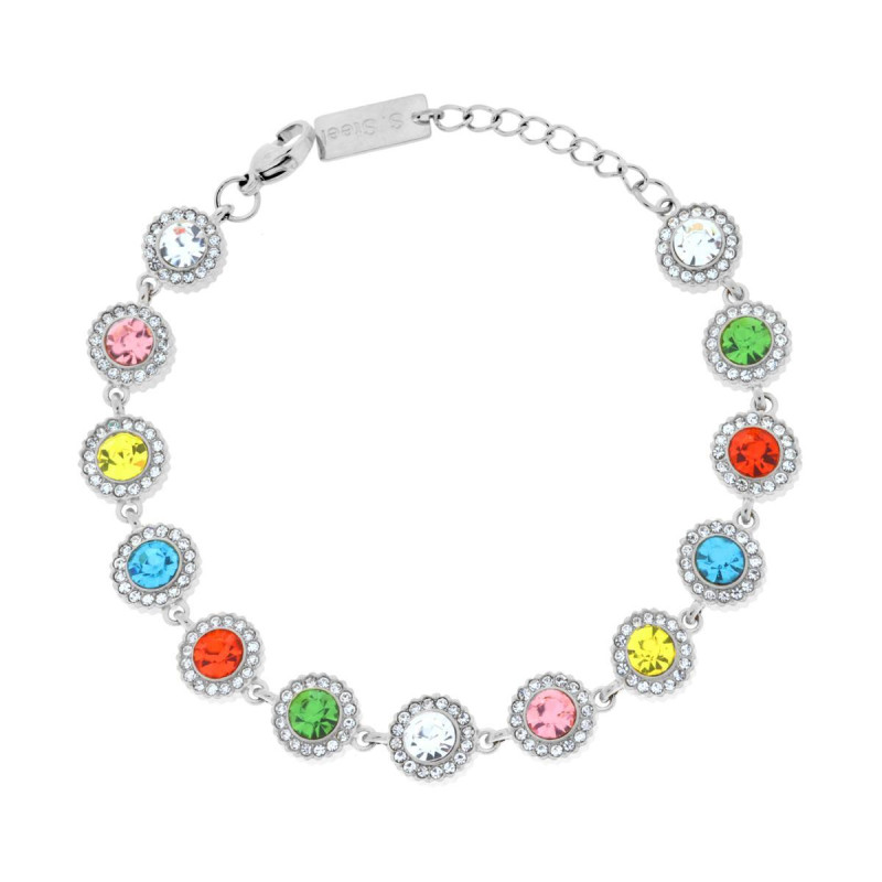 BRACCIALE TENNIS CON TONDI CRYSTAL MULTICOLOR IN ACCIAIO