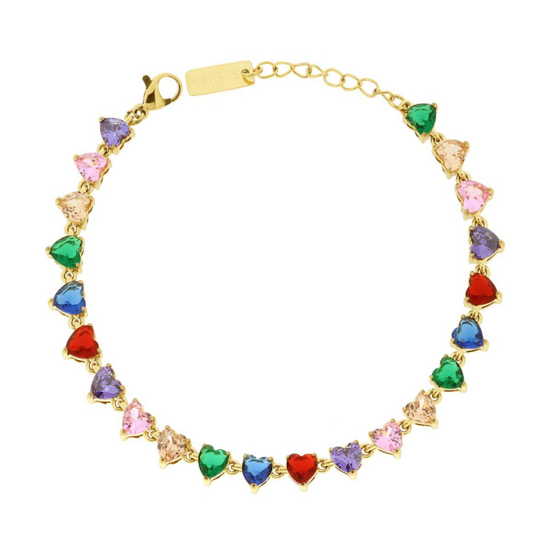 BRACCIALE TENNIS CON CUORI CRYSTAL MULTICOLOR IN ACCIAIO COLORE ORO