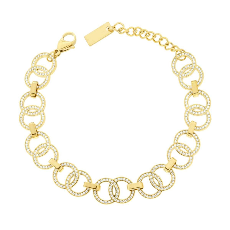 BRACCIALE CATENA CERCHI CON CRYSTAL BIANCHI IN ACCIAIO COLORE ORO