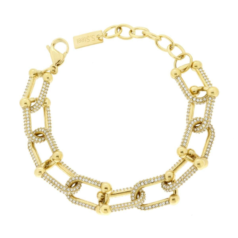 BRACCIALE CATENA MAGLIA INDUSTRIALE E CRYSTAL BIANCHI IN ACCIAIO COLORE ORO