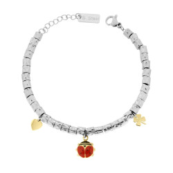 BRACCIALE CATENA CON CILINDRETTI MARTELLATI E CHARMS PORTAFORTUNA PENDENTI COLORE ORO E SMALTO ROSSO IN ACCIAIO