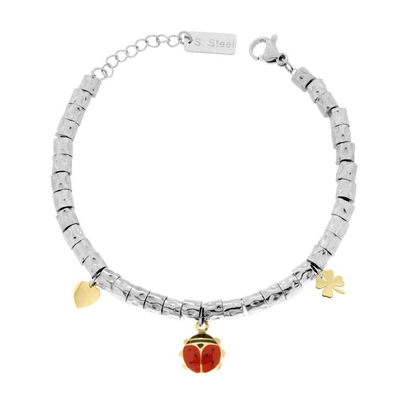 BRACCIALE CATENA CON CILINDRETTI MARTELLATI E CHARMS PORTAFORTUNA PENDENTI COLORE ORO E SMALTO ROSSO IN ACCIAIO