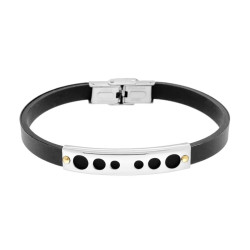 BRACCIALE UOMO IN CAUCCIU NERO CON TARGA DECORO GEOMETRICO E PUNTI COLORE ORO IN ACCIAIO