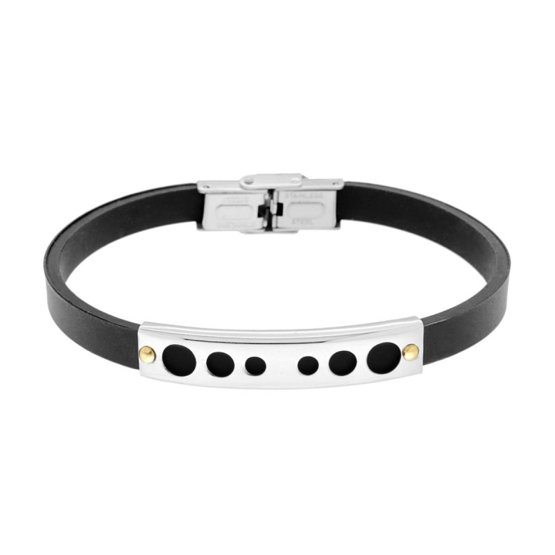 BRACCIALE UOMO IN CAUCCIU NERO CON TARGA DECORO GEOMETRICO E PUNTI COLORE ORO IN ACCIAIO