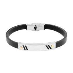 BRACCIALE UOMO IN CAUCCIU NERO CON TARGA DECORO GEOMETRICO E PUNTI COLORE ORO IN ACCIAIO