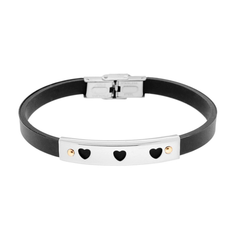 BRACCIALE UOMO IN CAUCCIU NERO CON TARGA CUORI E PUNTI COLORE ORO IN ACCIAIO