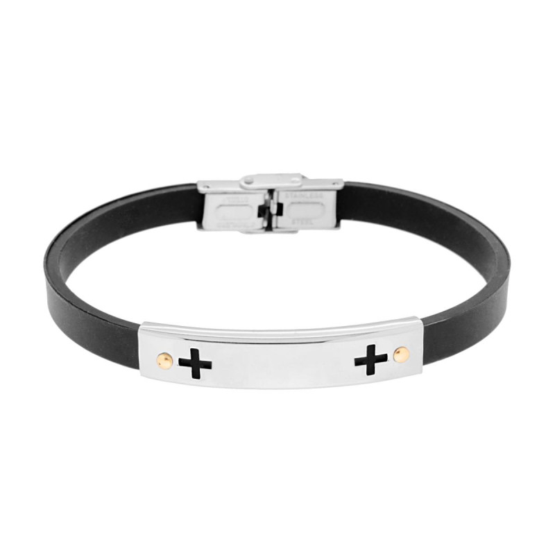BRACCIALE UOMO IN CAUCCIU NERO CON TARGA DECORO GEOMETRICO E PUNTI COLORE ORO IN ACCIAIO