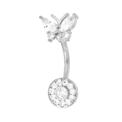 BODY PIERCING BANANA MM 26 FARFALLA E FIORE CON CRYSTAL BIANCHI IN ACCIAIO CHIRURGICO