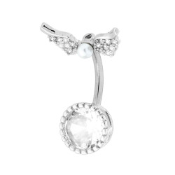 BODY PIERCING BANANA MM 24 ALI CON PERLA E TONDO CON CRYSTAL BIANCHI IN ACCIAIO CHIRURGICO