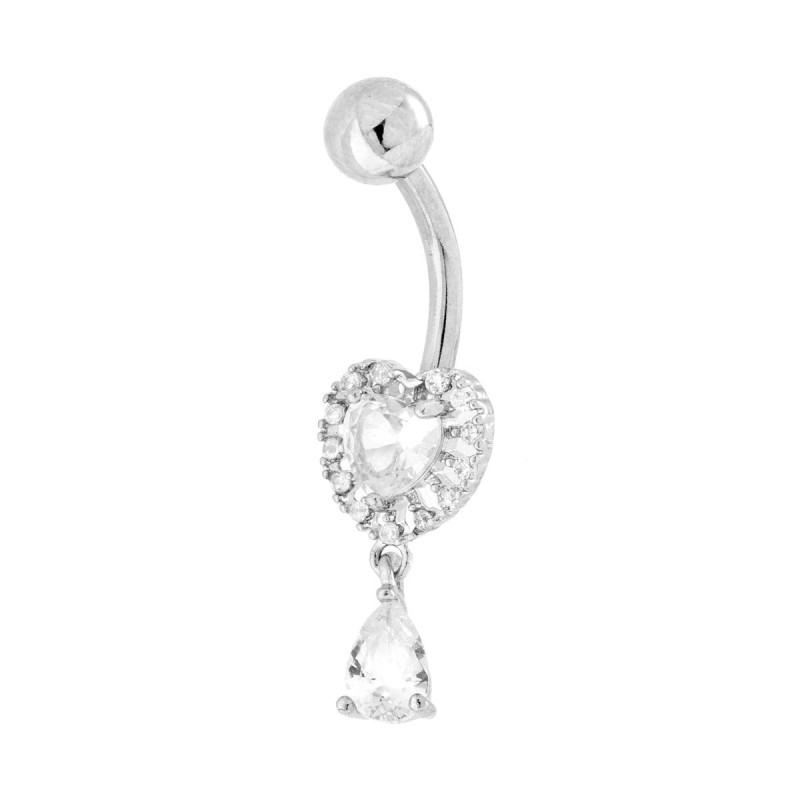 BODY PIERCING BANANA MM 30 PALLINA CON CUORE E GOCCIA PENDENTE CON CRYSTAL BIANCHI IN ACCIAIO CHIRURGICO