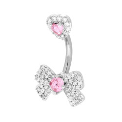 BODY PIERCING BANANA MM 24 CUORE E FIOCCO CRYSTAL BIANCHI E ROSA IN ACCIAIO CHIRURGICO