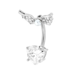 BODY PIERCING BANANA MM 24 ALI CON PERLA E CUORE CON CRYSTAL BIANCHI IN ACCIAIO CHIRURGICO