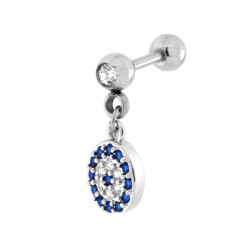 BODY PIERCING BARBELL MM 13 CON PALLINA MM 4 E TONDO PENDENTE CON CRYSTAL BIANCHI E BLU ZAFFIRO IN ACCIAIO CHIRURGICO