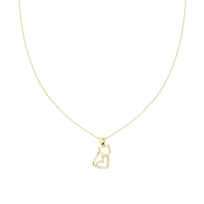 COLLANA CATENA FORZATINA DIAMANTATA CON GATTO CUORE E CRYSTAL BIANCHI IN ACCIAIO COLORE ORO