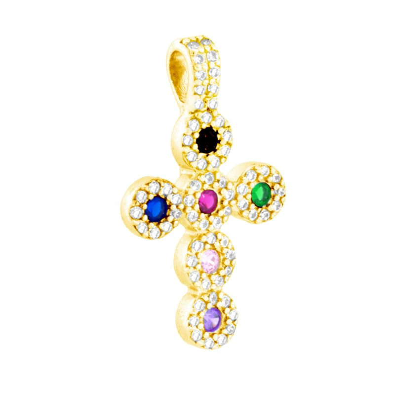 CIONDOLO CROCE CON CUBIC ZIRCONIA MULTICOLOR IN ARGENTO 925 GALVANICA ORO
